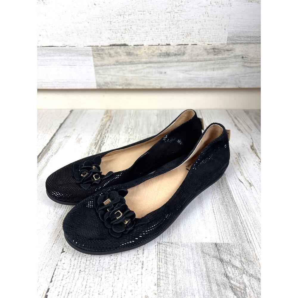 FS NY Womens 9 Black Shimmer Floral Gold Metal Accent Slip-On Ballet Loafer Flat